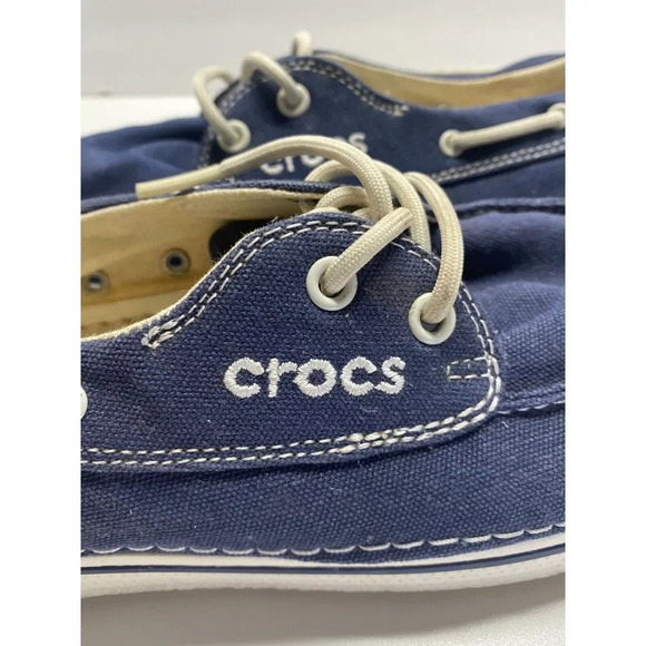 Crocs Shoes Women 10 Hover Boat Nautical Navy Blue Canvas Slip on Loafers - Picture 4 of 7